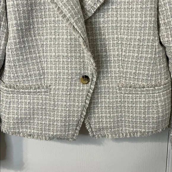 Ann Taylor Fringe Tweed Shawl Collar Blazer Light Gray & White Size 10 - Picture 4 of 7